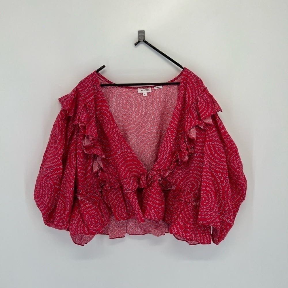 Rhode Voluminous Puff Sleeve Ruffled Retro Print Elodie Top In Red Trail